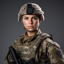 US ARMY FEMALE SOLDIES IN ACU US Combat Uniform From Neck To Helmet Standing Against A Light Gray Studio Background