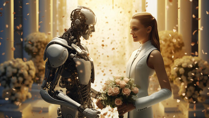 Wall Mural - A female human and a humanoid robot exchange a tender look while holding hands