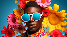 Portrait Of Handsome Young Man Wearing Sunglasses In Trendy Pop Art Style Bright Yellow Pink And Blue Colors