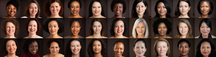  composite portrait of different women headshots, including all ethnic, racial, and geographic types of women in the world