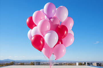 Colorful Valentines Day Sky. Pink Balloons Soaring in a Brilliant Blue Atmosphere. A bunch of multicolored balloons with helium on a blue sky background with place for text