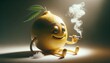 Lemon character relaxing with a pipe and smoke swirls