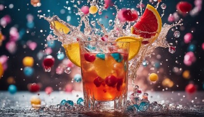 colorful tropical cocktail, exploding ingredients