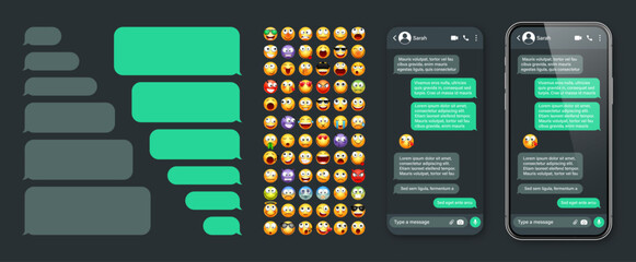 Smartphone messaging app, user interface with emoji. SMS text frame. Chat screen, green message bubbles. Texting app for communication. Social media application. Dark mode. Vector illustration