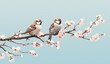three sparrows on branch taking rest from blossoms,