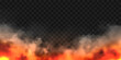 Realistic smoke clouds and fire. Flame blast, explosion. Stream of smoke from burning objects. Forest fires. Transparent fog effect. White steam, mist. Vector design element.