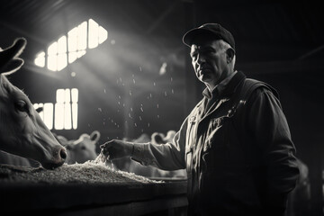 Poster - A dairy farmer milking cows in a traditional barn. Concept of dairy production and animal care. Generative Ai.