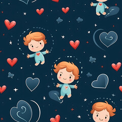 hearts print pattern template generative ai image. drawn heart shape different size and cupid baby boy. valentines day holiday, february 14th, celebrity, give love.