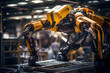 Futuristic industrial robot with four arms at work. Automation of manufacturing concept.