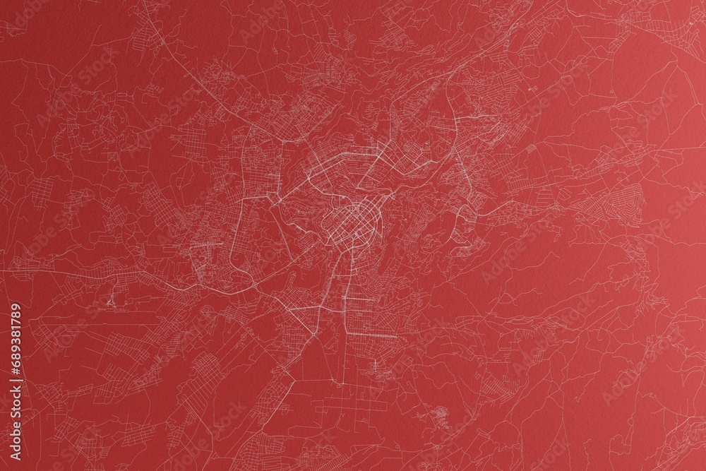 Map of the streets of Yerevan (Armenia) made with white lines on red paper. Top view, rough background. 3d render, illustration