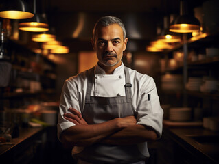 Wall Mural - chef in a kitchen, culinary atmosphere, warm tones, focused gaze, rich textures of food and utensils