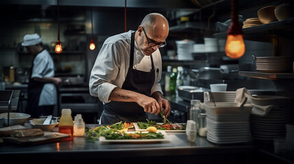 Wall Mural - Renowned chef in a bustling kitchen, concentration on a signature dish, vibrant ingredients
