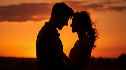 Wall Mural - couple at sunset, golden hour lighting, silhouette against vivid sky