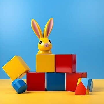 children's toys blue hare, bright yellow and red cubes, autism symbols, blue banner background