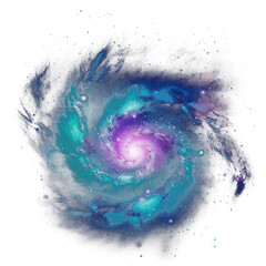 Teal and purple spiral galaxy, transparent background (PNG)