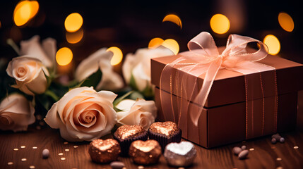 Wall Mural - Beautiful gift box with white rose flowers and chocolate candies on the table with blurred lights on the background