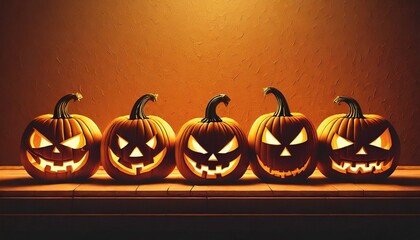 AI generated illustration of a line of pumpkins lit by a single light source