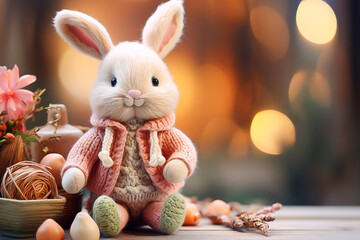 Wall Mural - handmade knitted stuffed toy cute rabbit for Easter in spring