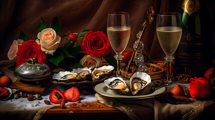 Wall Mural - Romantic dinner with two glasses of champagne and red rose flowers laying next and oysters