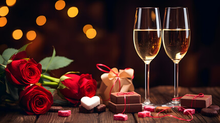 Wall Mural - Romantic dinner with two glasses of champagne and red rose flowers laying next