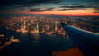 View from the airplane on the night lights of the city