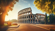 View of Colosseum in Rome and morning sun, Italy, Europe