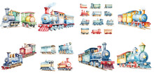 Watercolor Freight Train Engine, Caboose And Train Cars Set Isolated On A White Background