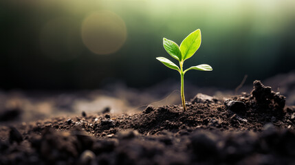 Small green sprout growing in soil, macro shot. New life concept, rebirth, hope symbol. Spring grows from ashes. Sun light and bokeh. Care for environment. Banner for eco events, travelling