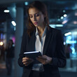 © Creatizen - Caucasian business woman, project leader, multitasking with tablet, fast-paced office walk, smart suit, engaged entrepreneur, 4K quality, dynamic lighting, crisp imagery, contemporary workplace
