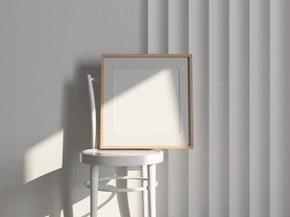 Wall Mural - Square Wooden Frame with Poster Mockup standing on the white chair. 3d rendering