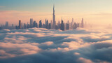 Fototapeta Big Ben - Downtown Dubai skyline with skyscrapers submerged in think fog. Tall buildings early morning glow. 