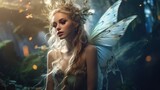Beautiful fairy with wings in a fantasy magical enchanted forest with butterflies. fairy magic goddess nature transparent wings