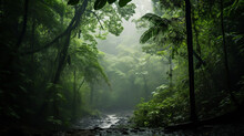 Green Lush Tropical Rainforest With Leaves And Trees