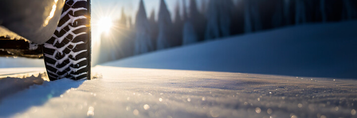 Sticker - Car tire in snow on snowy road in winter, panoramic banner