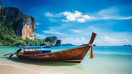 Wall Mural - Thai traditional wooden longtail boat and beautiful sand Railay Beach in Krabi province. Ao Nang, Thailand. 