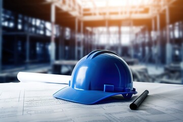 Blurred blue safety helmet and the blueprint at construction site