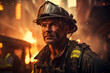 A stoic tough guy firefighter entering a burning building to save lives. Concept of heroism and selflessness. Generative Ai.