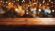 cozy wooden table set against a backdrop of sparkling Christmas lights, creating a dreamy bokeh effect Emphasize the contrast between the natural wood and the festive lights