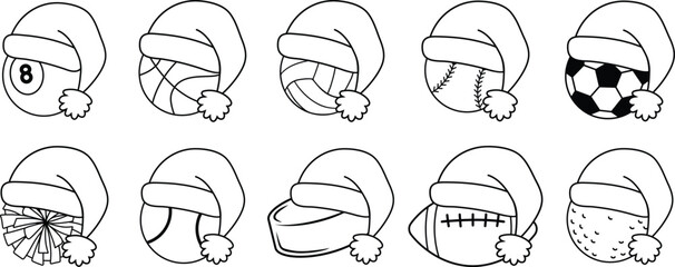 Canvas Print - Christmas Sports Balls wearing Santa Hats Outline Clipart Set