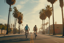Two Friends Riding Bicycles On A Street With Palm Trees In Los Angeles. Generative AI