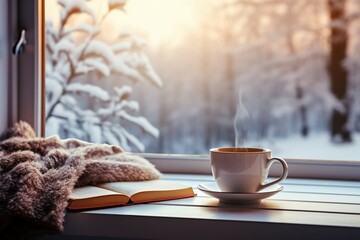 cup of tea or coffee mug on table near window Winter holidays