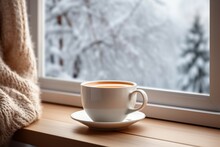 Cup Of Tea Or Coffee Mug On Table Near Window Winter Holidays