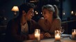 A close - up shot of a smiling couple savoring a romantic candlelit dinner in a restaurant.