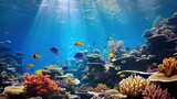 Fototapeta Do akwarium - A colorful and diverse array of marine life swimming in a spacious aquarium.