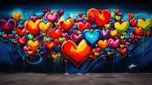 A Colorful Mural Of Hearts Intertwined With Artistic Graffiti On A City Wall.