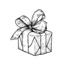 Hand Drawn Sketch Gift Box With Bow And Ribbon. Best For Birthday, Festive Events Designs. Vector Illustration On White.