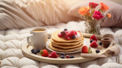 Wall Mural - beautifully prepared breakfast tray featuring heart-shaped pancakes, fresh strawberries, and a cup of steaming coffee and a handwritten note saying Happy Valentine's Day.