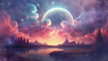 Futuristic Fantasy Landscape, Sci-fi Landscape With Planet, Neon Light, Cold Planet. Galaxy With Unknown Planet Landscape. Dark Natural Scene With Light Reflection In Water. Neon Space Galaxy Portal.