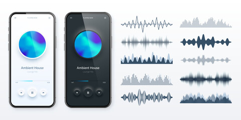 Wall Mural - Online audio player user interface, smartphone app UI design. Music, media streaming and listening platform. Responsive mobile application. Neumorphism. Various sound waves. Vector illustration