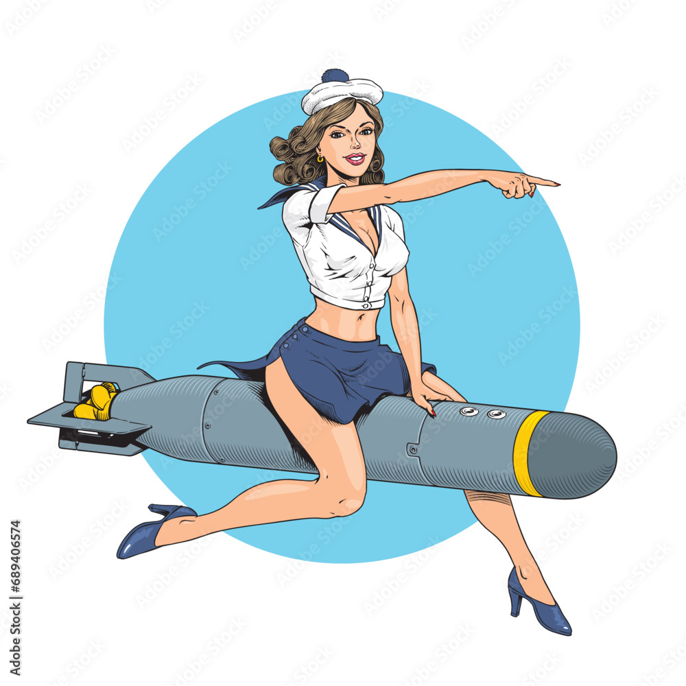 Sailor woman riding a torpedo bomb. Retro style pinup marine corps girl ...